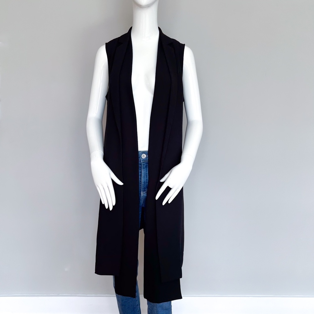 BCBG MAXAZRIA Tasha Black Long Vest Tie Open Front Duster Cardigan Sleeveless S - Picture 8 of 14